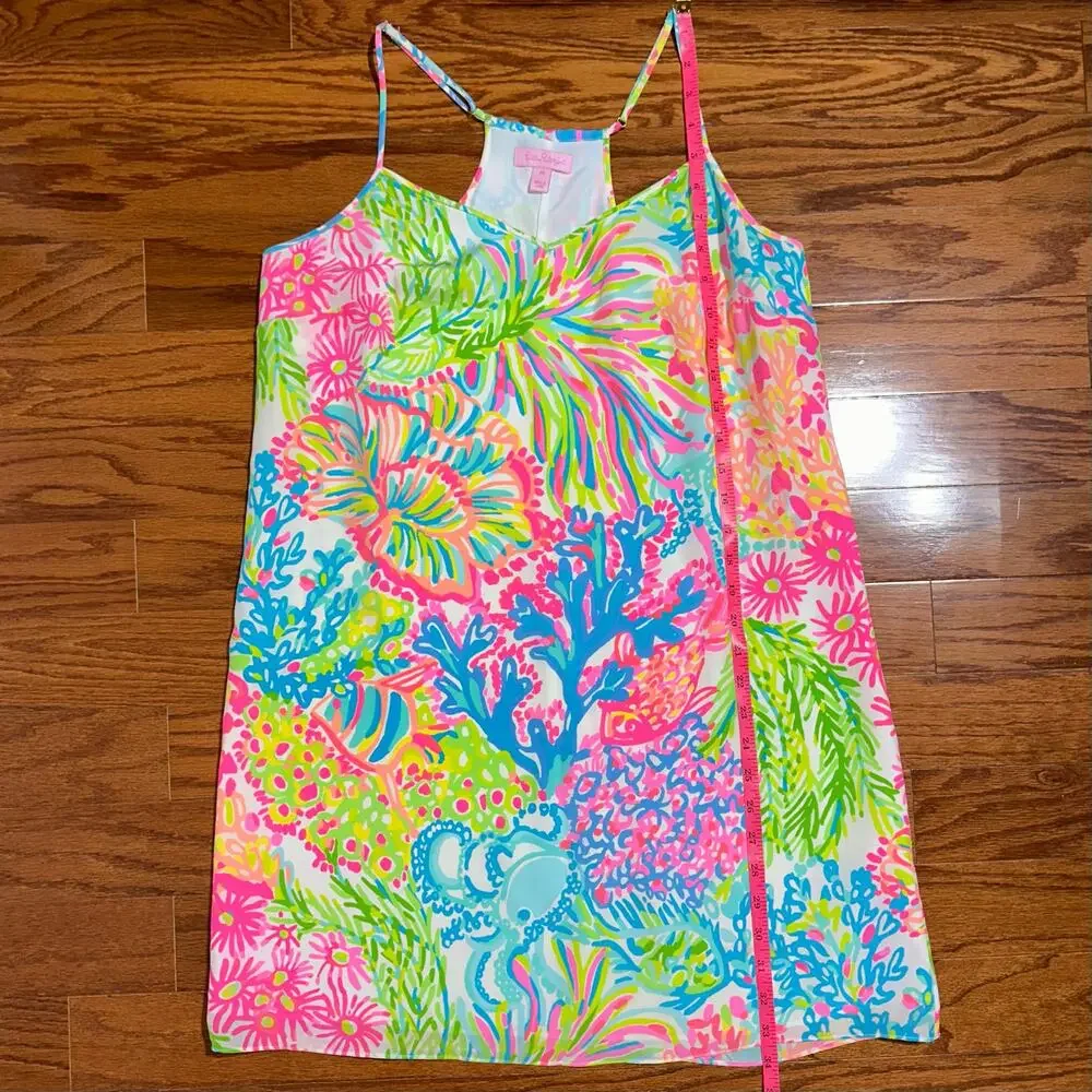 Lilly Pulitzer Dusk Colorful Neon ‘Lovers Coral’ Silk Mini Slip Dress Size M